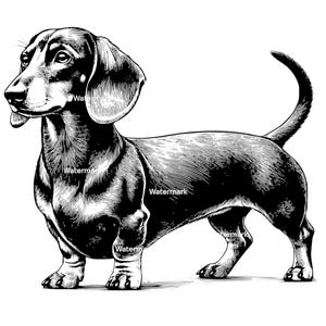 May include: Black and white line art illustration of a dachshund dog standing with its head turned to the side. The dog has short legs and a long body.