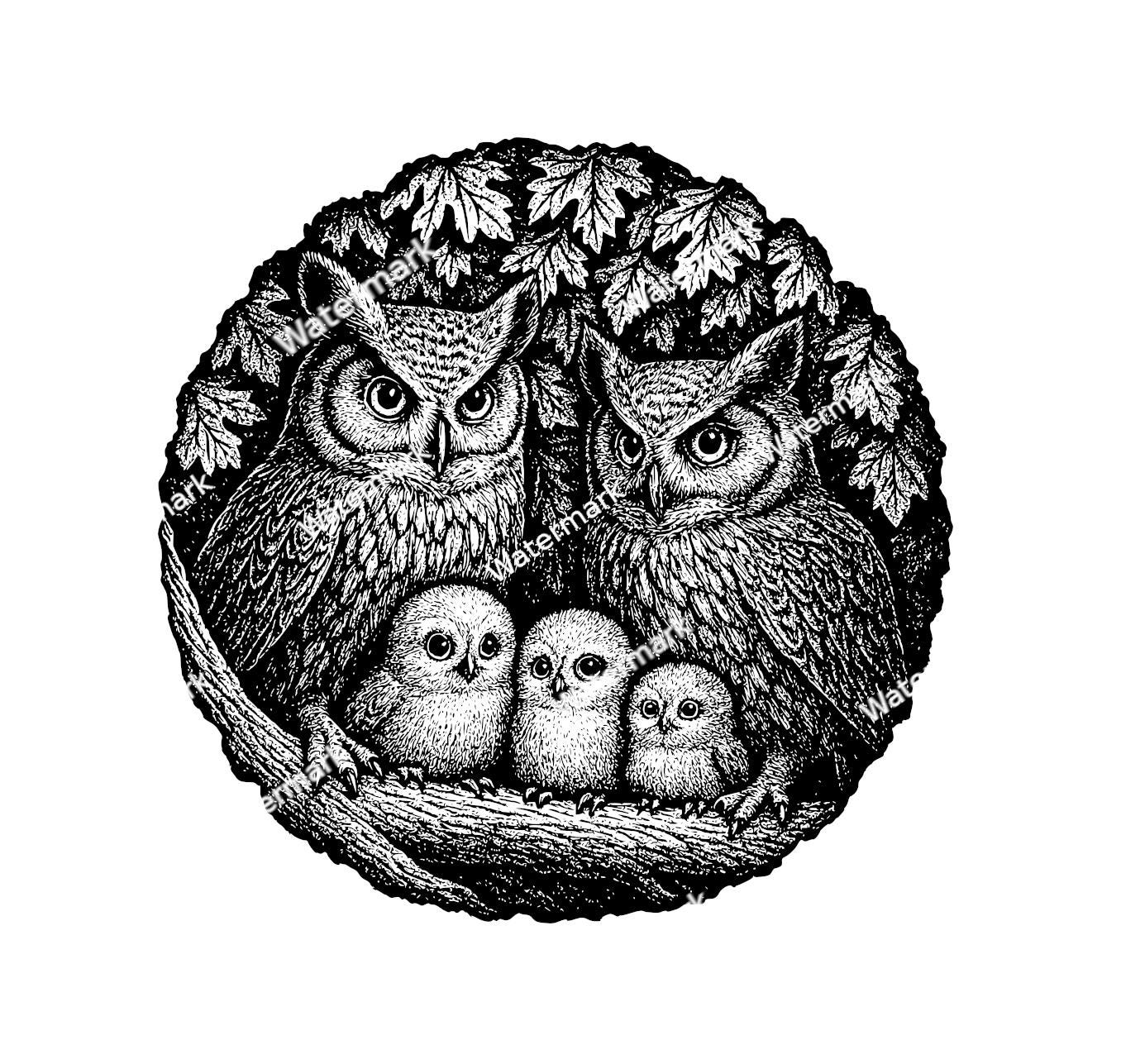 Owls family in a hollow PNG, SVG, DXF and pdf, Commercial use, Owls clipart, Owls for tshirt, Owls f