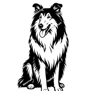 May include: Black and white illustration of a Collie dog sitting with its tongue sticking out.