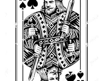Ilustración de naipes del Rey de Picas / Ilustración de cartas de póker vintage / Diseño real en blanco y negro / Grabado láser (archivo PNG, SVG, DXF)