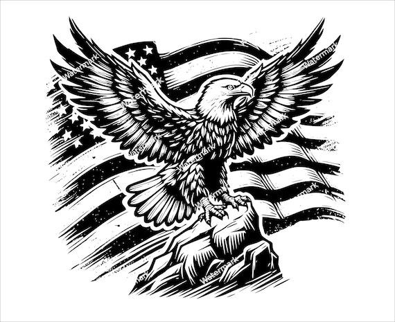 アメリカ国旗を背景にした岩の上の白頭ワシ。PNG、SVG、DXF、白頭ワシ
