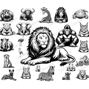 Peut inclure: Illustrations en noir et blanc de divers animaux africains, dont un lion, un zèbre, une girafe et un éléphant. Les animaux sont représentés dans un style artistique détaillé, adapté aux impressions ou aux designs. On y trouve aussi un hippopotame, un rhinocéros et un guépard.