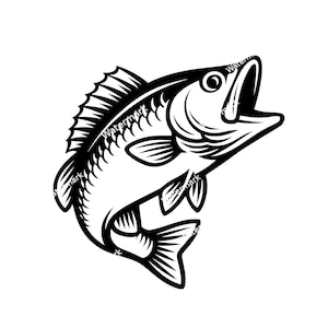 Könnte beinhalten: Schwarz-Weiß-Illustration eines springenden Großmaulbasses. Der Fisch wird in einer dynamischen Pose mit offenem Maul dargestellt. Das Design zeigt die Schuppen, Flossen und den Schwanz. Eine klassische Darstellung eines Fisches.