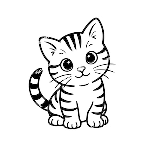 Könnte beinhalten: Schwarz-weiße Cartoon-Illustration einer niedlichen Katze. Die Katze hat große Augen, Schnurrhaare und Streifen. Die Katze sitzt aufrecht mit eingerolltem Schwanz.