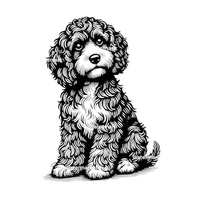 以下が含まれることがあります： 横を向いて座っている、小さくふわふわした犬の白黒のイラスト。犬は巻き毛の毛並みと優しい表情をしています。
