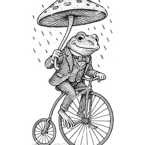 May include: Black and white illustration of a frog riding a penny-farthing bicycle under a mushroom umbrella. The frog is wearing a suit and bow tie, with raindrops falling around it. A whimsical design.