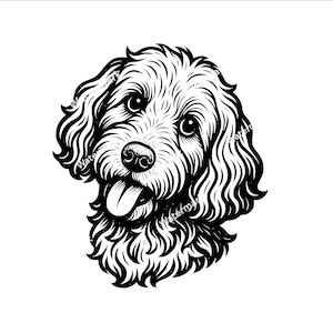 Puede incluir: Ilustración en blanco y negro de la cabeza de un perro, con pelaje esponjoso, ojos expresivos y lengua colgando. La obra de arte se centra en los rasgos y la textura del pelaje del perro.