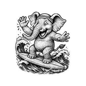 May include: A monochrome illustration depicts a cartoon elephant surfing. The elephant, wearing a headband, is riding a surfboard on a wave, with arms outstretched and a happy expression. The image is detailed with water splashes.