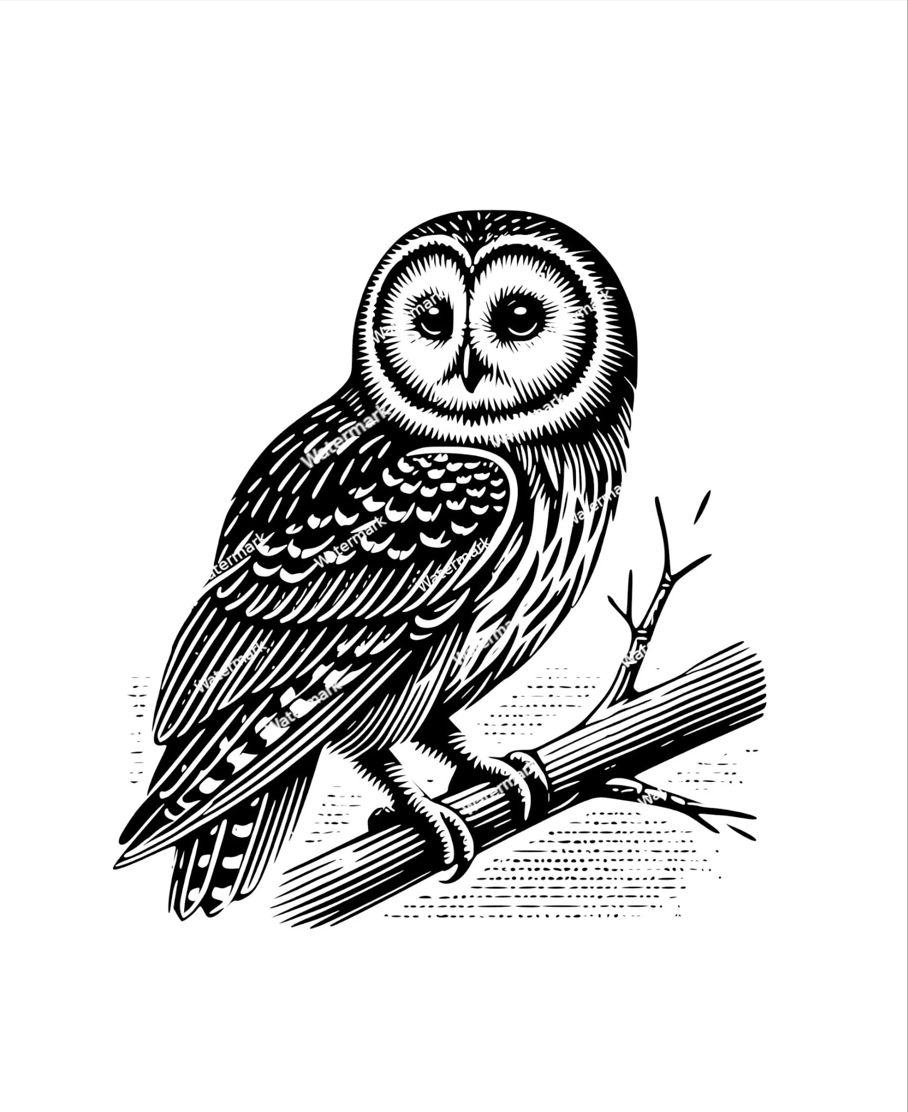 Owl Strix on branch PNG, SVG, DXF, Owl clipart, Owl silhouette