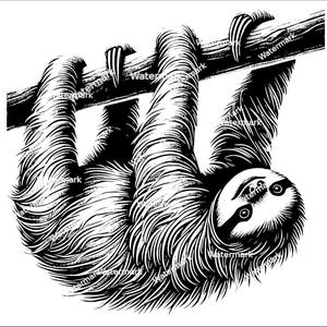 Puede incluir: Ilustración en blanco y negro de un perezoso colgado boca abajo de una rama. El perezoso tiene un patrón de pelaje detallado y texturizado y una expresión linda y somnolienta.