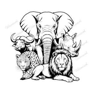May include: Black and white illustration of African wildlife. An elephant stands behind a rhino, lion, leopard, and buffalo. The animals are arranged in a circular composition, with the elephant in the center.