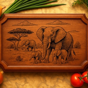 May include: A wooden serving tray with a carved elephant family scene. The tray is surrounded by fresh vegetables, including onions, spring onions, carrots, and tomatoes. The tray is approximately 46 cm long and 30 cm wide.