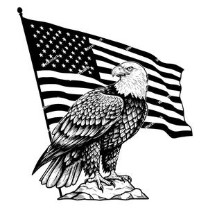 May include: A black and white illustration of a bald eagle perched on a rock with the American flag waving behind it.