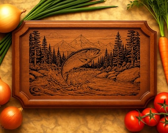 Leaping Trout in Mountain Stream – Wildlife Laser Engraving Design | Fishing Nature Scene PNG SVG DXF pdf. Commercial use