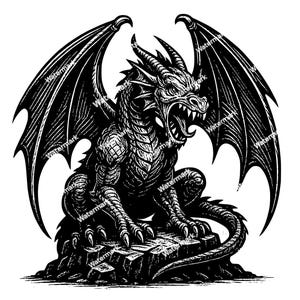 Dragon en colère assis sur un rocher Fichiers PNG, SVG, DXF. Fichiers graphiques vectoriels. Clipart. Utilisation commerciale
