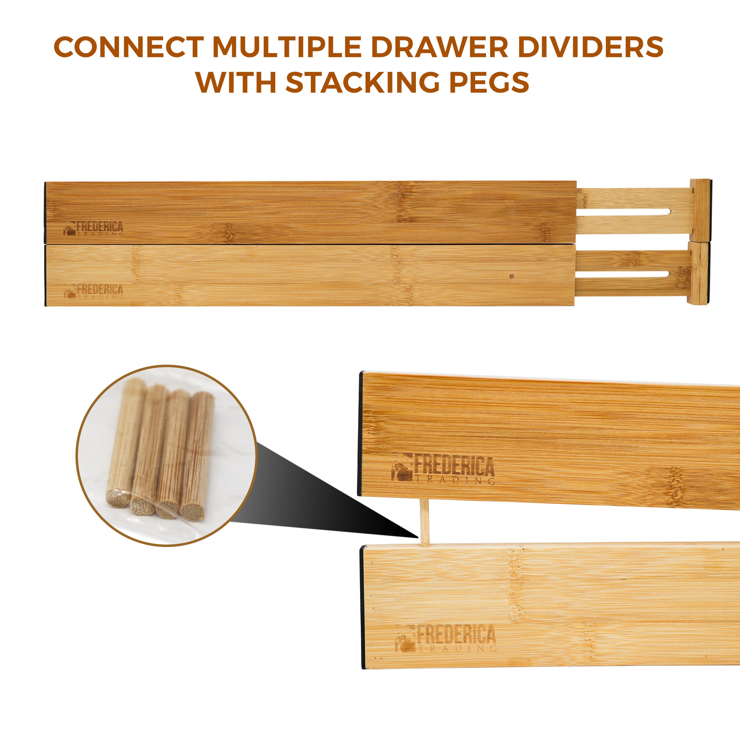 Bamboo Adjustable Spring-Loaded, Stackable Drawer Divider Organizers