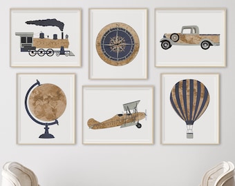 May include: A set of six nursery prints featuring a compass, a hot air balloon, a globe, a vintage airplane, a train, and a vintage truck. The prints are all in a neutral color palette of brown, beige, and blue.