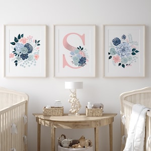 Floral Nursery Decor, Floral Monogram, Watercolor Flowers, Baby Girl Nursery Wall Decor, Floral Wall Art, Baby Monogram Print