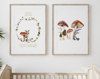 Mushroom Nursery Art - Woodland Nursery Decor - Grow Your Own Way Wall Art - Baby Girl Forest Nursery - Mushroom Woodland Art