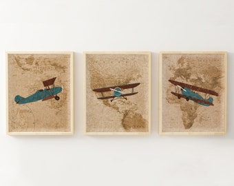 Décoration murale pour chambre d'enfant avion - déco avion - décoration de chambre d'enfant avion vintage - impression carte du monde - chambre de bébé voyage - avion bébé garçon