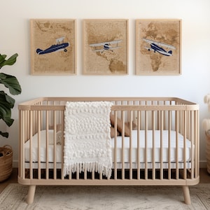 Chambre d'enfant avion - déco avion bleu - décoration murale avion vintage - impression carte du monde - chambre d'enfant avion vintage - avion