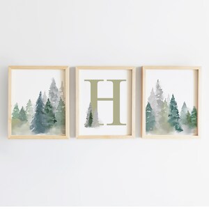 Woodland Tree Nursery Monogram  - Boy Nursery Art Prints - Tree Nursery Theme - Woodland Trees Nursery - Pine Tree Art - Watercolor