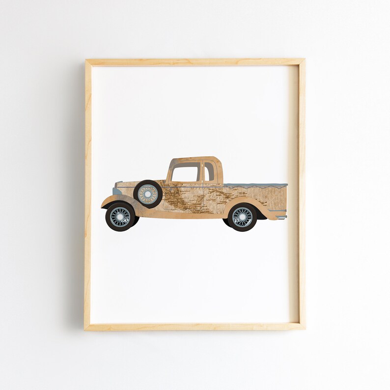 May include: A vintage brown pickup truck with a wooden bed, a white cab, and blue wheels. The truck is on a white background.