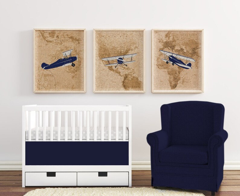 Airplane Nursery Blue Airplane Decor Vintage Airplane Wall Etsy