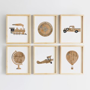 May include: Six framed prints with a travel theme. The prints feature a train, compass, truck, globe, airplane, and hot air balloon. Each print has a vintage map design.