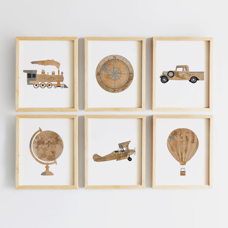 May include: Six framed prints with a travel theme. The prints feature a train, compass, truck, globe, airplane, and hot air balloon. Each print has a vintage map design.