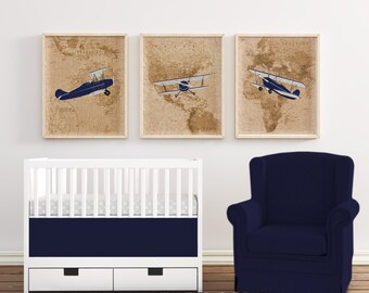 Airplane nursery decor airplane decor vintage airplane nursery wall decor world map wall art travel nursery prints baby boy nursery