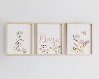 Wildflower Nursery Name Print: Set of 3 Watercolor Floral Wall Art, Personalized Baby Girl Decor