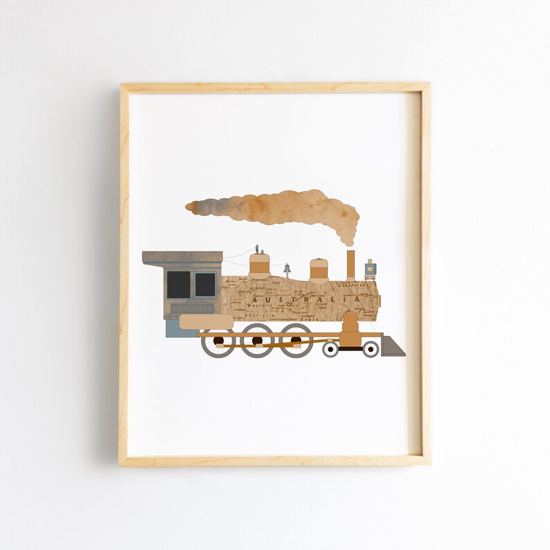 May include: A vintage-style train illustration with a brown and tan color scheme. The train is made of paper and has a map of Australia on the side. The train is emitting a brown smoke plume.