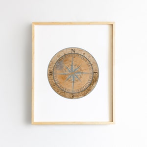 May include: A framed print of a vintage compass with a blue and gold design on a beige background. The compass has the letters N, S, E, and W around the edge.