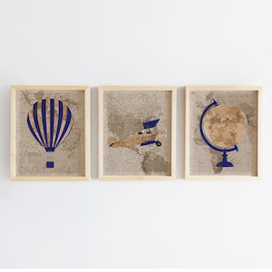 Wereldkaart vliegtuig kinderkamer - reizende kinderkamer - blauw vliegtuig decor - vintage vliegtuig muur decor - vintage vliegtuig kinderkamer