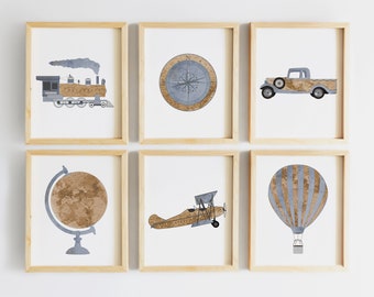 Framed Travel Nursery Print - Airplane Nursery Decor - Explorer Map Print - Transportation nursery art - Vintage Airplane Nursery - Train