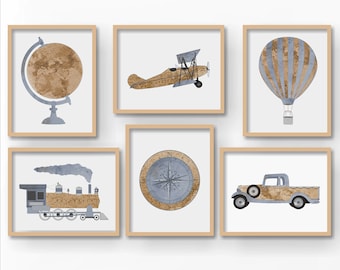 Travel Nursery Print - Airplane Nursery Decor - Explorer Map Print - Transportation nursery art - Vintage Airplane Nursery - Train