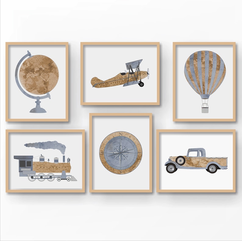 May include: Set of six framed prints featuring vintage travel-themed illustrations. The prints include a globe, airplane, hot air balloon, compass, train, and pickup truck. Each print has a blue and brown color scheme with a distressed woodgrain texture.