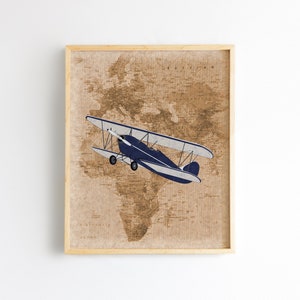 Blue airplane decor nursery prints travel theme nursery decor baby boy nursery decor nursery airplane nursery art world map wall art