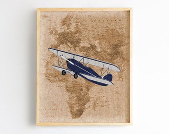 Blue airplane decor nursery prints travel theme nursery decor baby boy nursery decor nursery airplane nursery art world map wall art