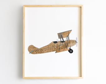 Lámina decorativa infantil con diseño de avión vintage, arte mural de aviación para niños.