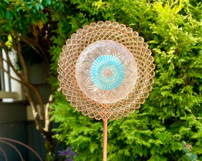 Handmade Glass Plate Flower Garden Art From Vintage Glassware, Light