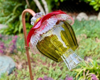 Floral garden art handmade from copper and Amberina red, Empoli green and crystal clear vintage glassware