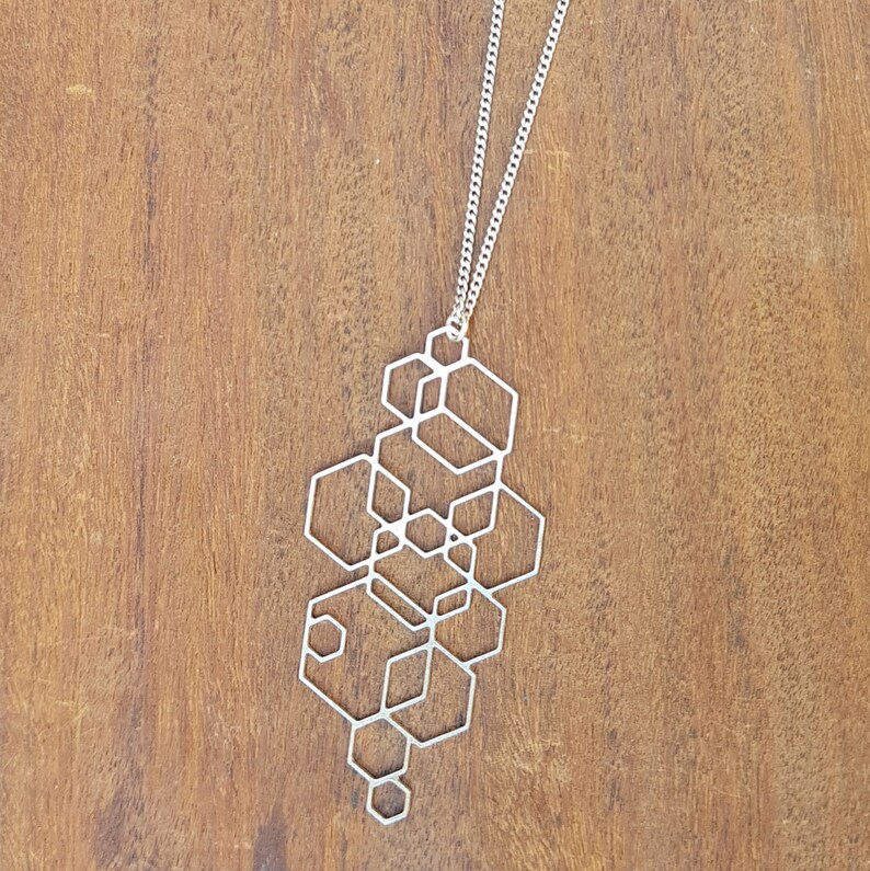 Hexagon Long Necklace Silver Beehive Pendant Honeycomb Geometric Jewelry Laser Cut Gift For Her Lulumayjewelry