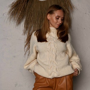 White chunky sweater, cozy wool oversized turtleneck sweater