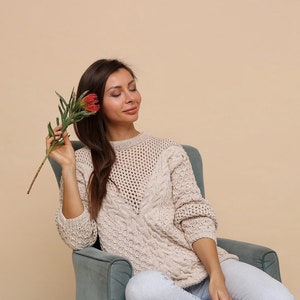 Beige cotton sweater, oversized cable chunky knitted pullover, geometric braided jumper, crewneck sweatshirt, made to order