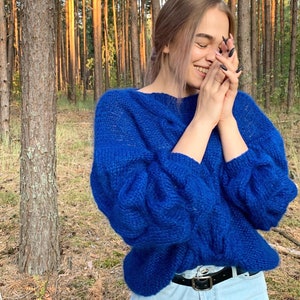 Women cable knit sweater, blue mohair jumper, loose knit pullover image 1