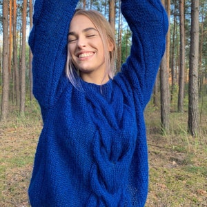 Women cable knit sweater, blue mohair jumper, loose knit pullover image 3