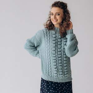 Blue knitted sweater, cable knit jumper, crewneck wool pullover, long sleeve  women jumper