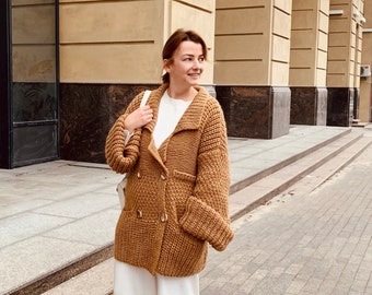 Alpaka Kamel handgestrickte oversized Strickjacke mit Taschen